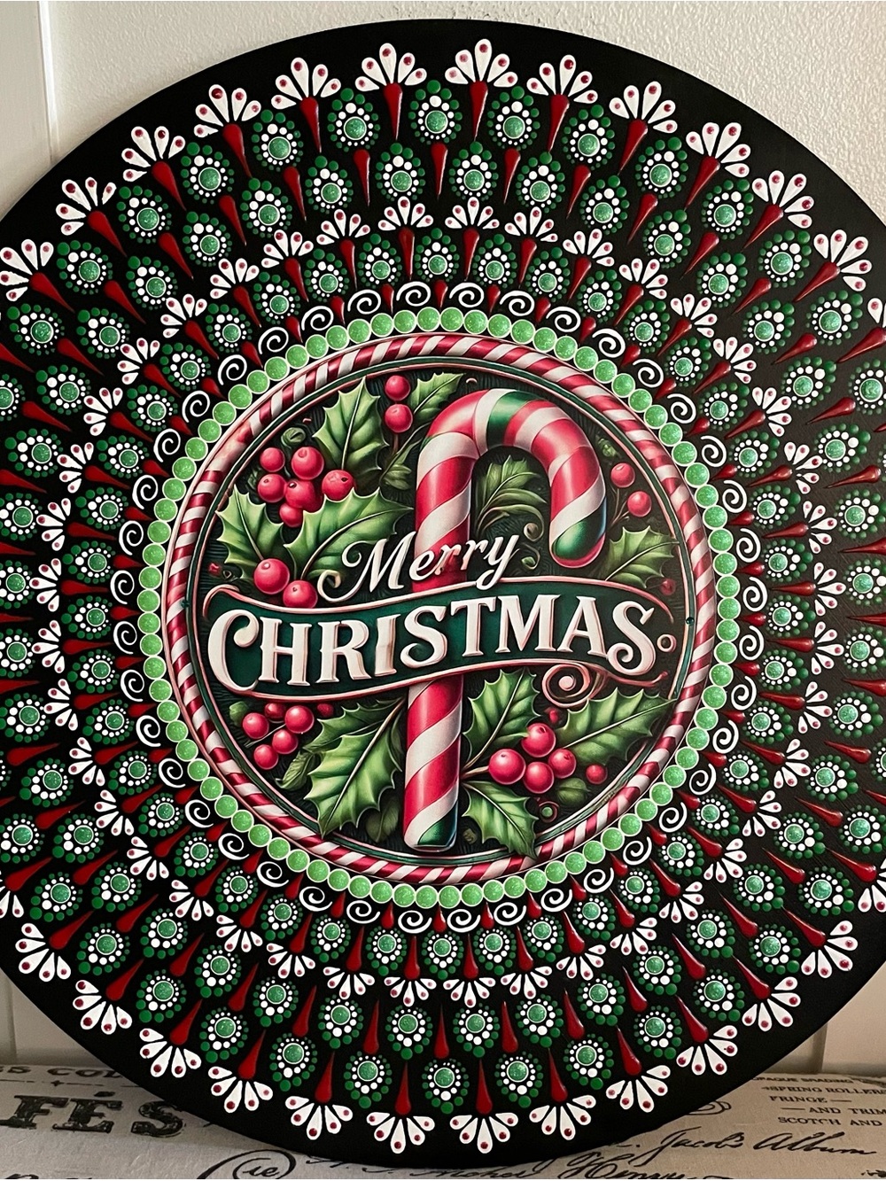 Handpainted Merry Christmas Decorative Wall Plaque - Festive Candy Cane Design